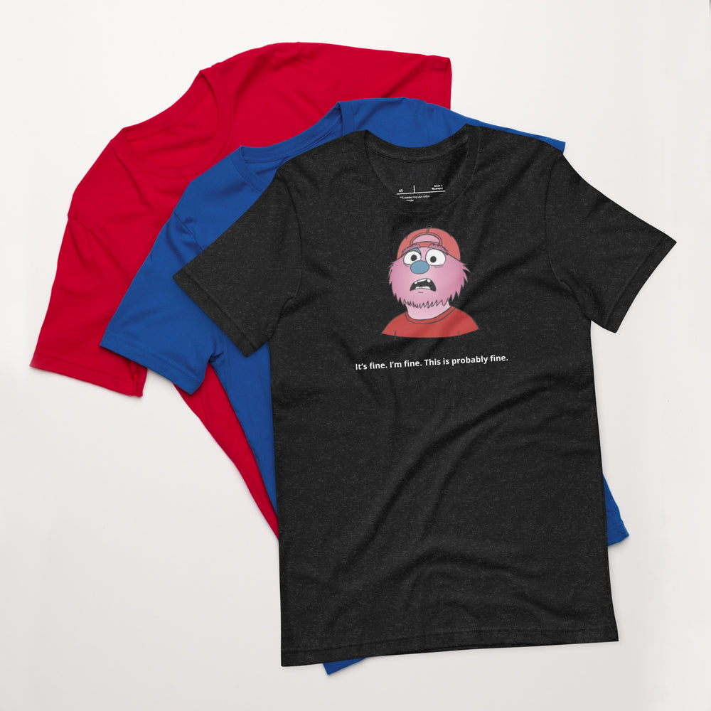 The Jeffree Is Fine T-Shirt mockup with three shirts in red, blue, and black.